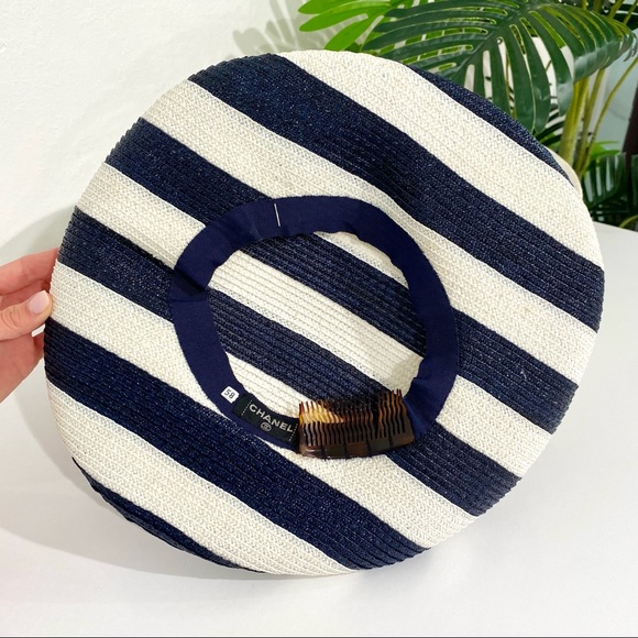 Authentic Vintage Chanel Navy and White Striped Saucer Hat w Box - Picture 5 of 11